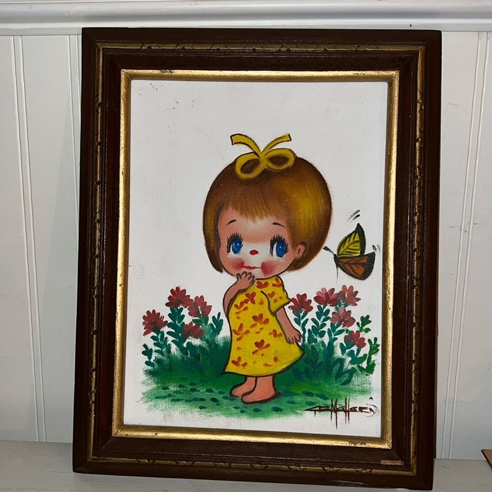 MCM 70s big eyes girl oil painting 12” x 15” framed